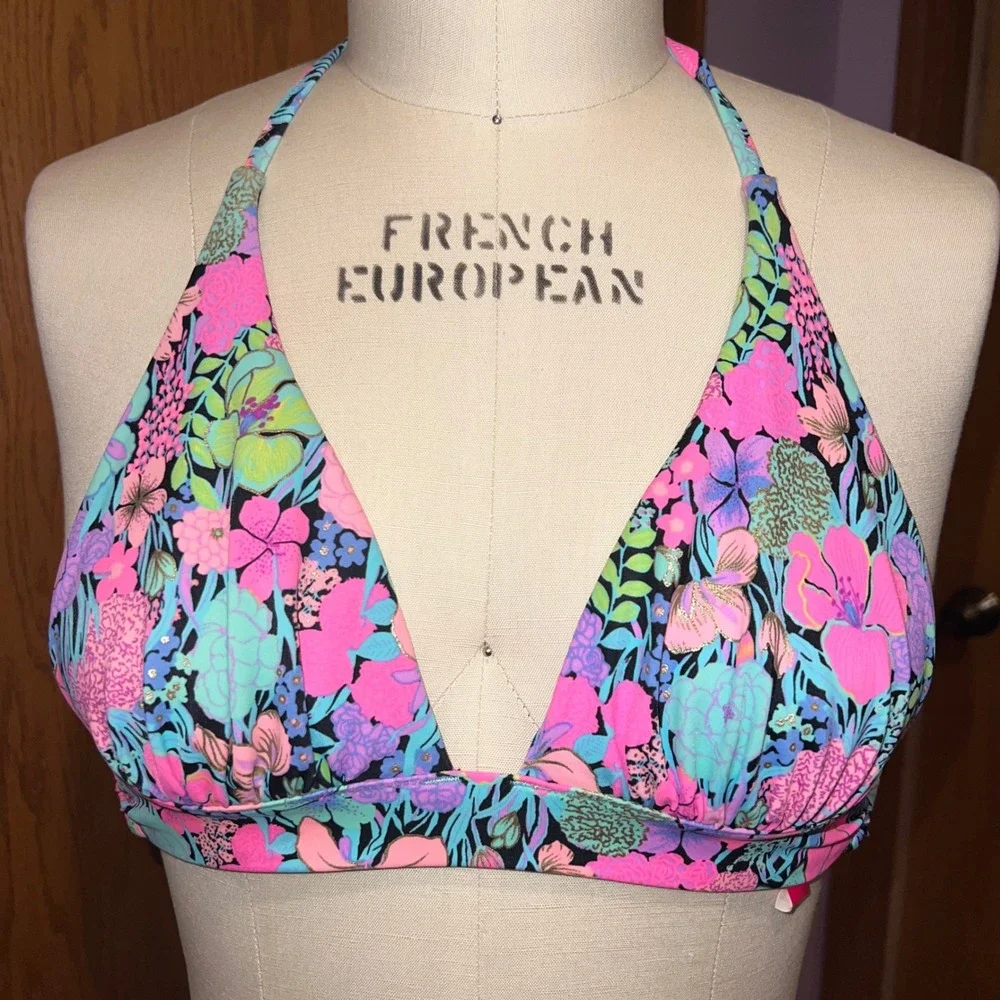Victoria's Secret Bikini Top Womens M Multicolor Floral Halter Sequin